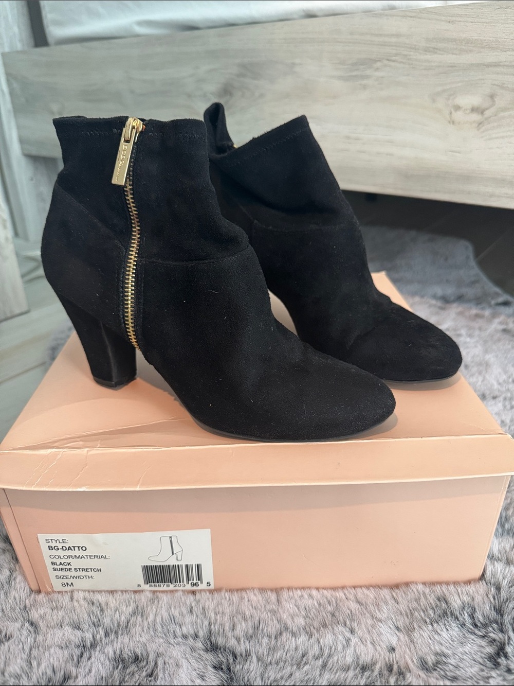 BCBGeneration Black Suede Ankle Boots with Gold Zip - Women's Fashion Heel